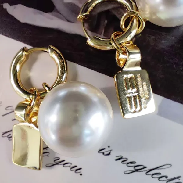 Balenciaga Pearl Hoop Earrings with Logo Tag Silver - 5