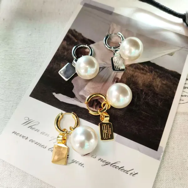 Balenciaga Pearl Hoop Earrings with Logo Tag Silver - 2