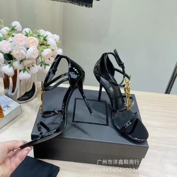 Saint Laurent Tribute Patent Black Square-Toe Ankle-Strap Heels - 18