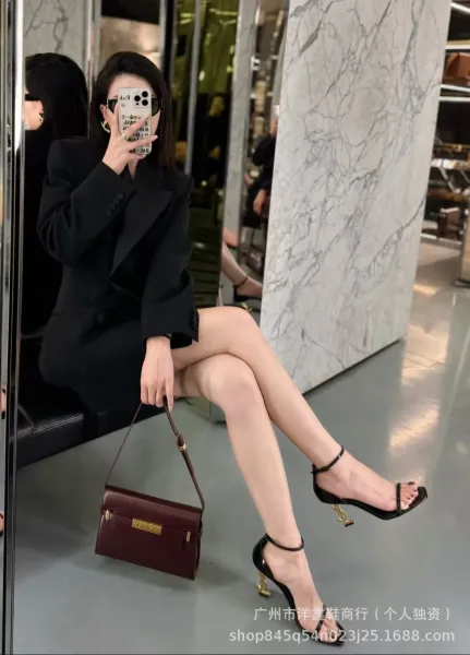 Saint Laurent Tribute Patent Black Square-Toe Ankle-Strap Heels - 5