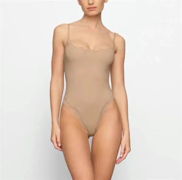 Lingerie Bodysuit in Soft Pink with Floral Lace Trim - 14