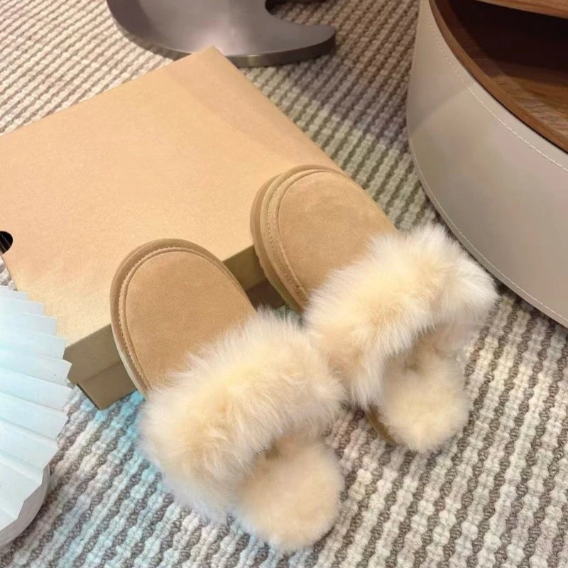 UGG Fluff Platform Slippers Beige Faux Fur Slippers - 21