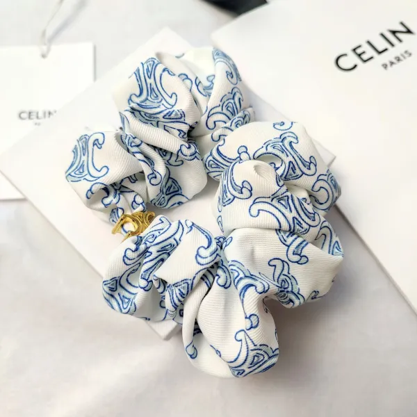 Celine Silk Scrunchie with Geometric Print Beige Accessories - 29