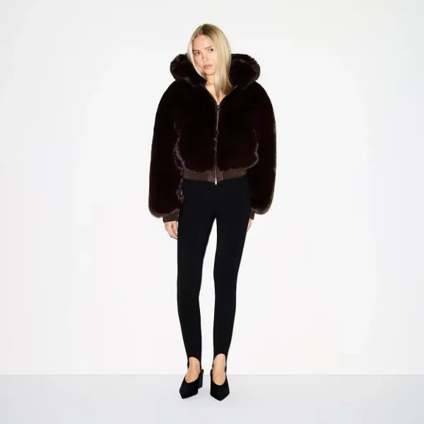 Faux Fur Cropped Hooded Bomber Jacket in Camel - 6