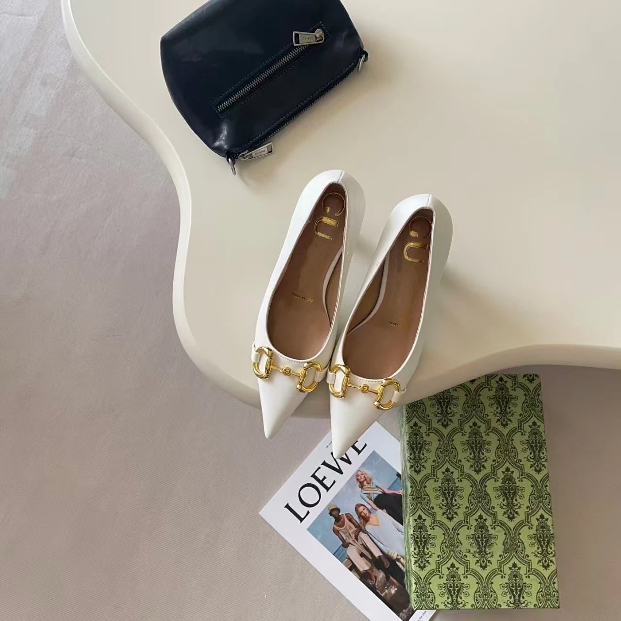 Loewe Anagram Horsebit Pointed-Toe Pumps White