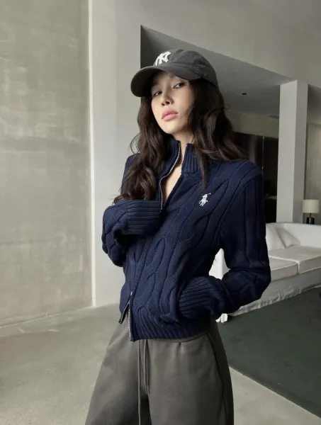 Ralph Lauren Cable Knit Cropped Zip-Up Sweater Navy - 24
