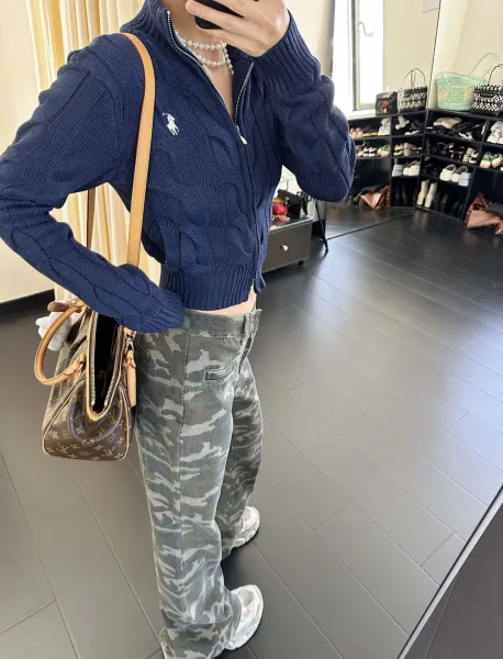 Ralph Lauren Cable Knit Cropped Zip-Up Sweater Navy - 32