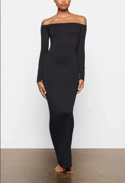 Off-White Off-Shoulder Long Sleeve Midi Dress Pink - 3