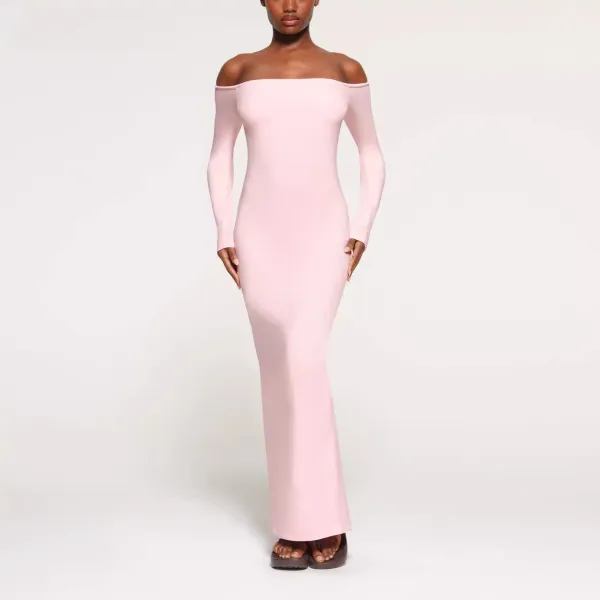 Off-White Off-Shoulder Long Sleeve Midi Dress Pink - 6