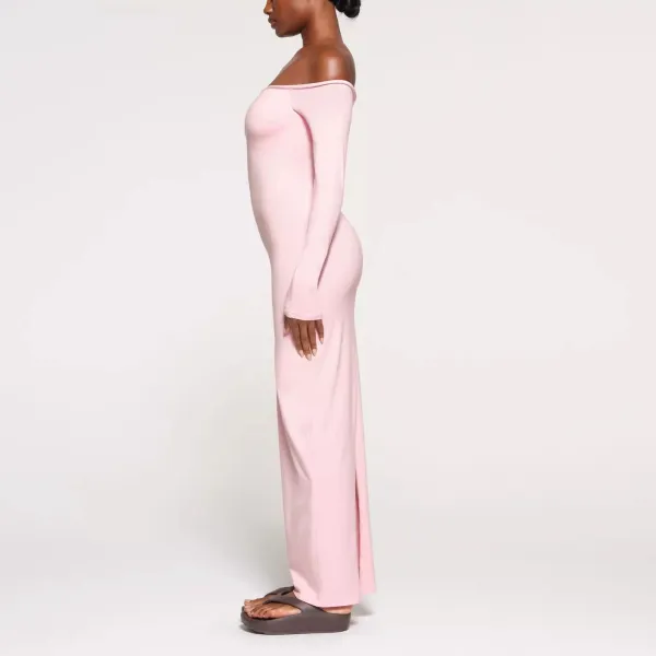 Off-White Off-Shoulder Long Sleeve Midi Dress Pink - 7