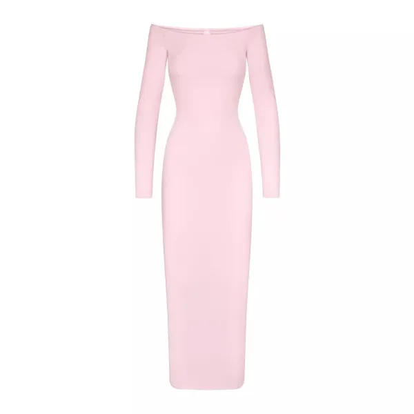 Off-White Off-Shoulder Long Sleeve Midi Dress Pink - 15