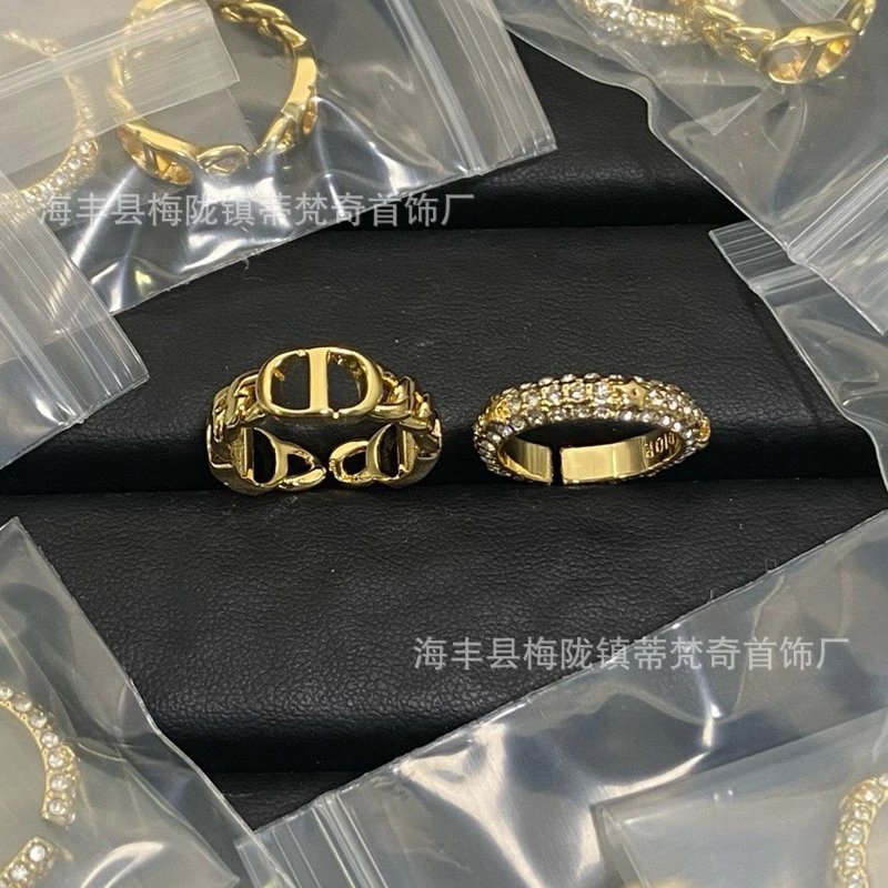 Dior CD Logo Chain Ring and Pave Crystal Band Ring Gold Jewelry