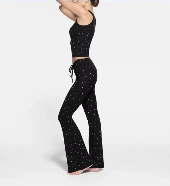 Blue Drawstring Waist Flare Pants - 5