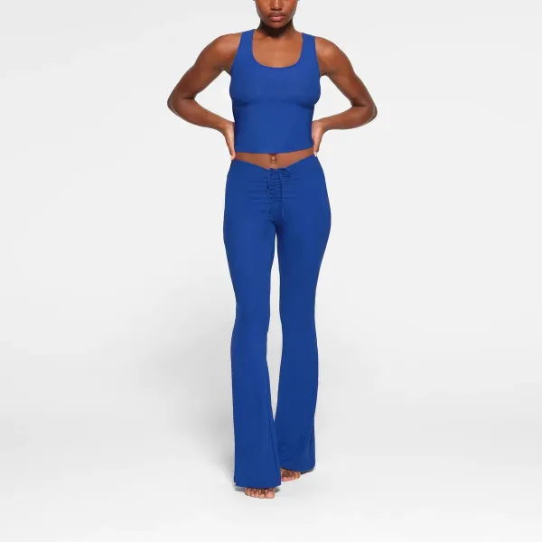 Blue Drawstring Waist Flare Pants - 20