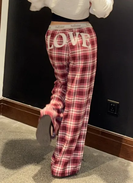 Design Plaid Lounge Pants with LOVE Print Burgundy Sleepwear - 15