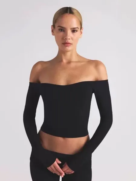 Off-White Ribbed Off-Shoulder Long Sleeve Top Black - 4