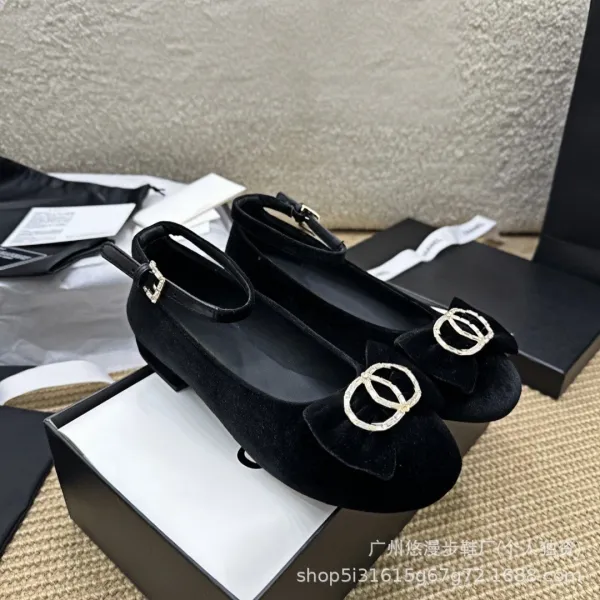 Chanel-inspired Velvet Mary Janes with Crystal CC Buckle Black Shoes - 2