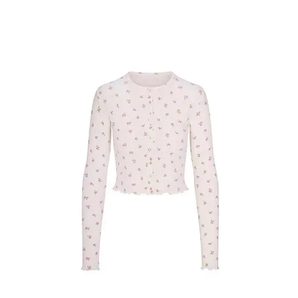 Pink Cropped Cardigan with Scallop Hem and Front Buttons - 6