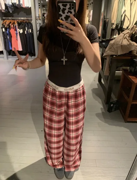 Design Plaid Lounge Pants with LOVE Print Burgundy Sleepwear - 22