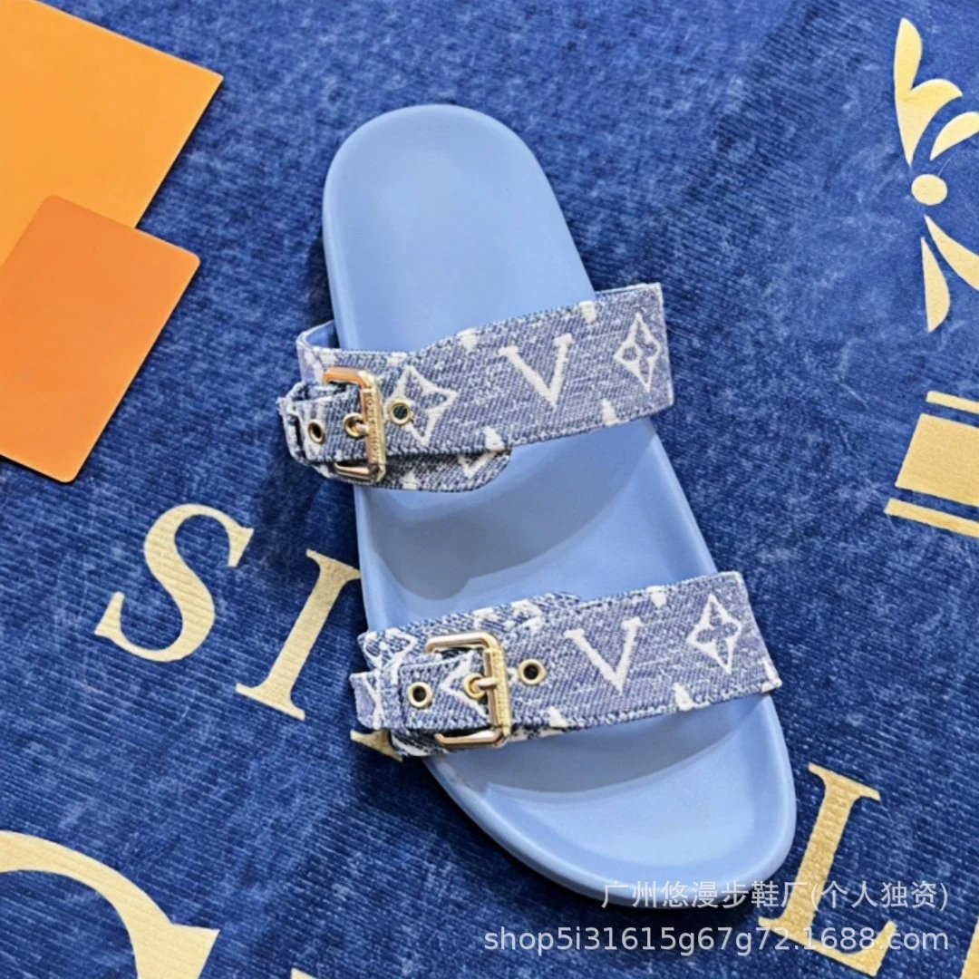 Louis Vuitton Monogram Denim Slide Sandals Light Blue