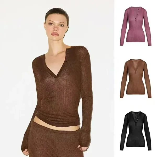 Design Ribbed Henley Sweater Dusty Rose - 8