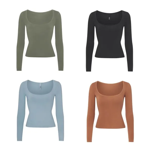 Design Square Neck Long Sleeve Crop Top in Dusty Blue - 3