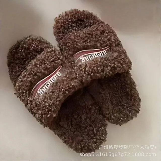 Unbranded Slippers Faux-fur open-toe slide with embroidered lettering product detail image 6