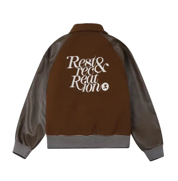 Saint Tears Rest & Recreation Brown Leather-Sleeve Varsity Jacket - 9