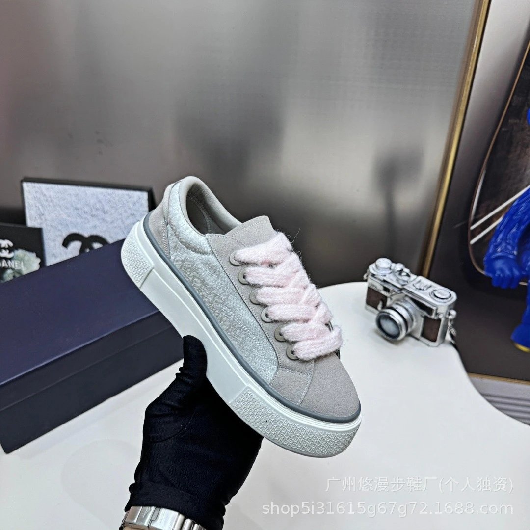 Chanel CC Logo Platform Sneakers Gray with Pink Fuzzy Laces
