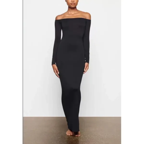 WOMANBY A VOYVES Off-Shoulder Long Sleeve Maxi Dress Black - 1