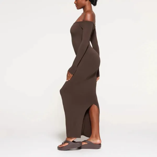 Off-White Off-Shoulder Long Sleeve Midi Dress Pink - 12