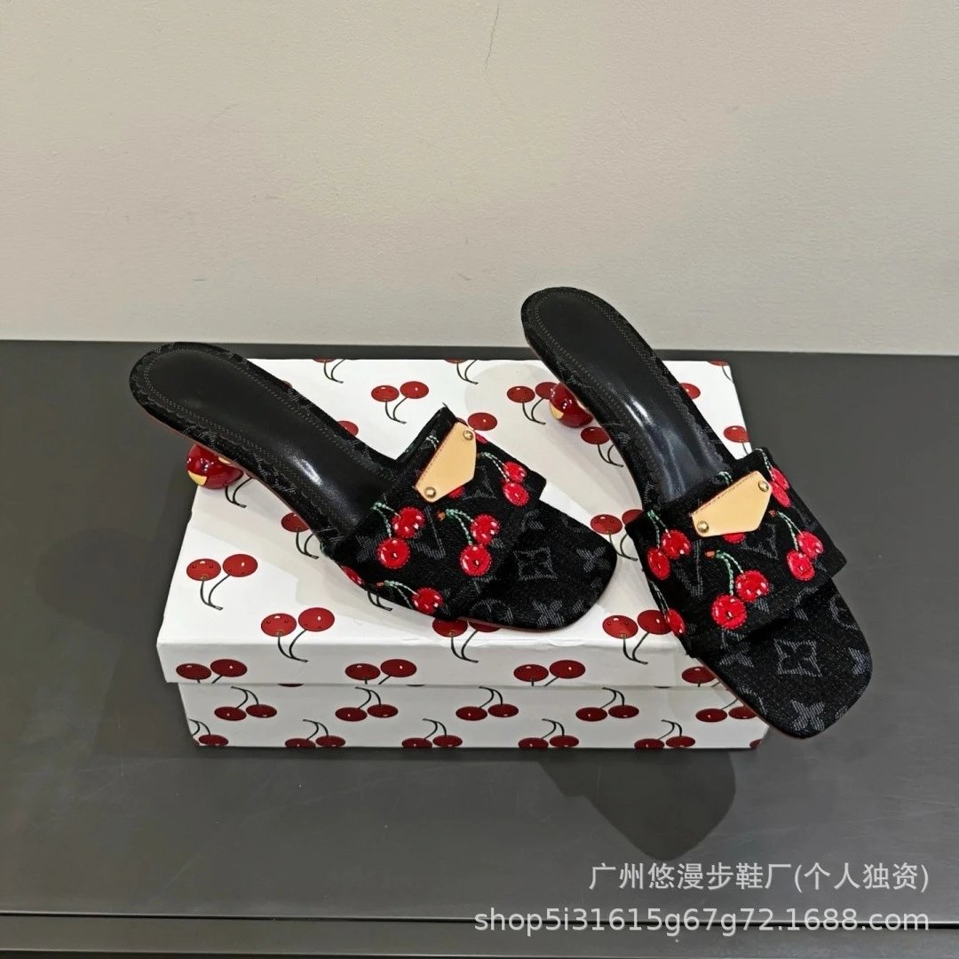 Louis Vuitton Cherry-Embroidered Monogram Mule Black Slippers