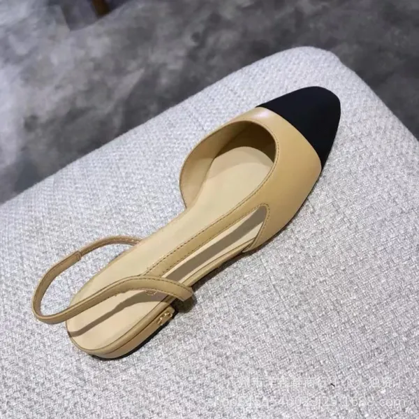 Chanel-inspired Two-Tone Block Heel Pumps Beige and Black Leather Shoes - 5