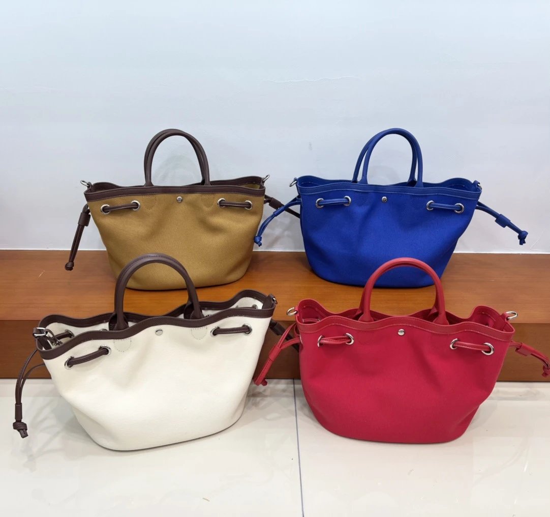 Design Canvas Bucket Bag in Red with Drawstring Closure and Detachable Pouch - 8