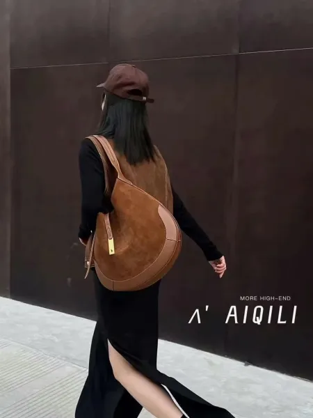 Ralph Lauren Hobo Bag Brown Suede with Gold Horse Logo Shoulder Bag - 10