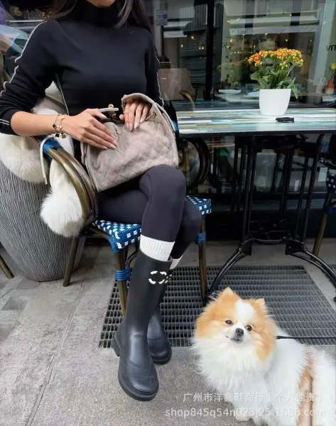 Chanel Rain Boots Black with CC Logo Rubber Knee-High Boots - 6