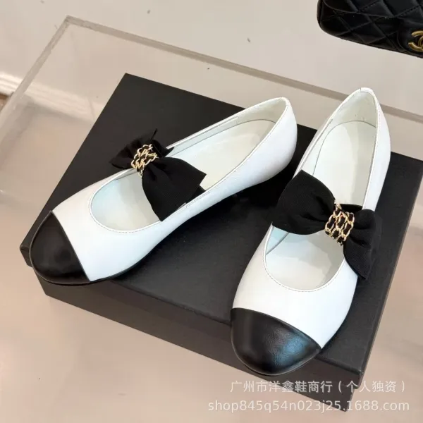 Chanel-inspired Two-Tone Bow Loafers Beige and Black Flat Shoes - 3
