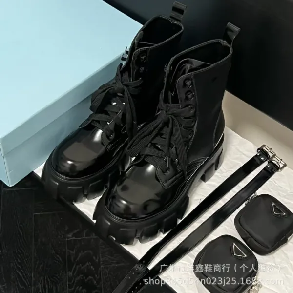 Prada Cleated Loafers Black Patent Leather Chunky Platform Loafers - 7