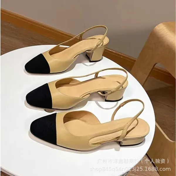 Chanel-inspired Two-Tone Block Heel Pumps Beige and Black Leather Shoes - 6