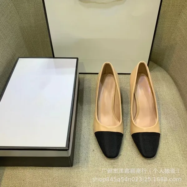 Chanel-inspired Two-Tone Block Heel Pumps Beige and Black Leather Shoes - 17