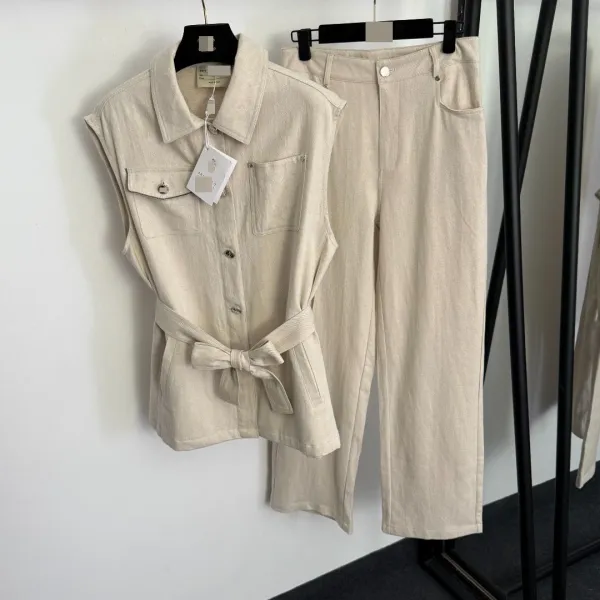 Brown Utility Sleeveless Shirt and Cropped Pants Set - 6
