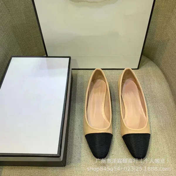 Chanel-inspired Two-Tone Block Heel Pumps Beige and Black Leather Shoes - 21