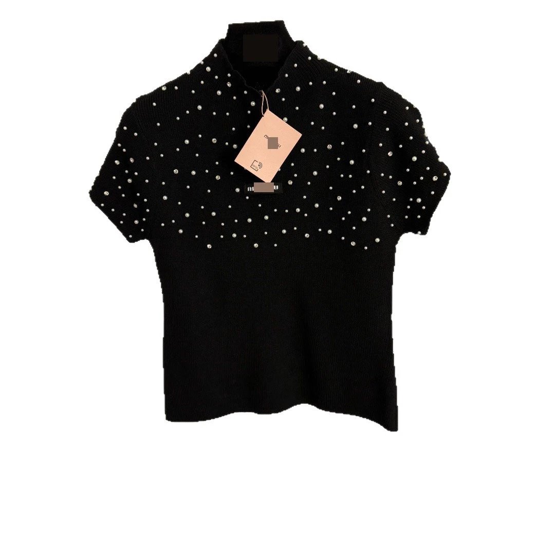 Unbranded Knitwear Pearl-Embellished Mock-Neck Short-Sleeve Knit Top image 5