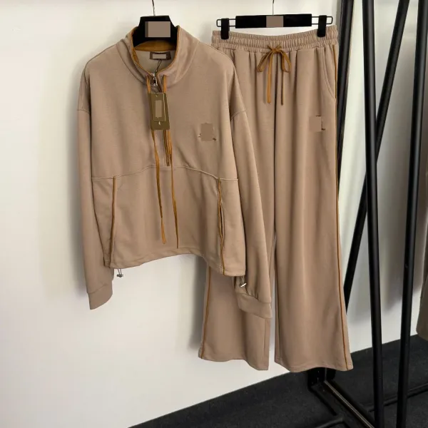 Design Cropped Half-Zip Sweater and Wide-Leg Sweatpants Set Beige - 6