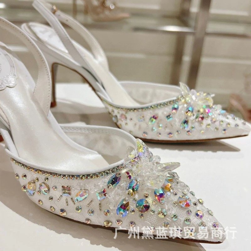 Design Crystal-Embellished Pink Pointed-Toe Slingback Heels - 4