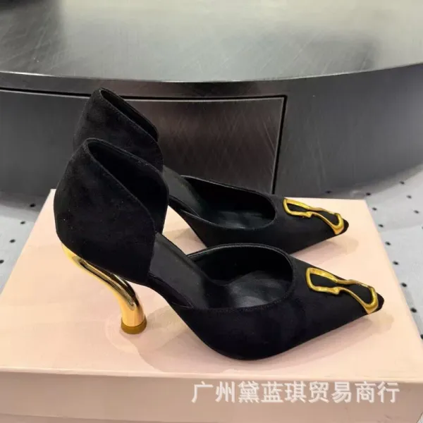 Saint Tears Sculptural Heel Black Suede Pointed-Toe Pumps with Gold Hardware - 3