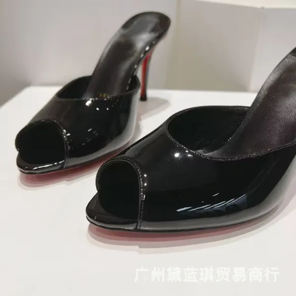 Red Patent Leather Peep-Toe Mule Heels - 3
