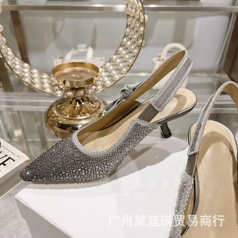 Design Crystal-Embellished Pointed-Toe Slingback Heels Silver Gray - 4