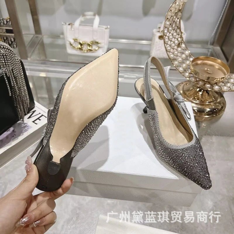 Design Crystal-Embellished Pointed-Toe Slingback Heels Silver Gray - 6