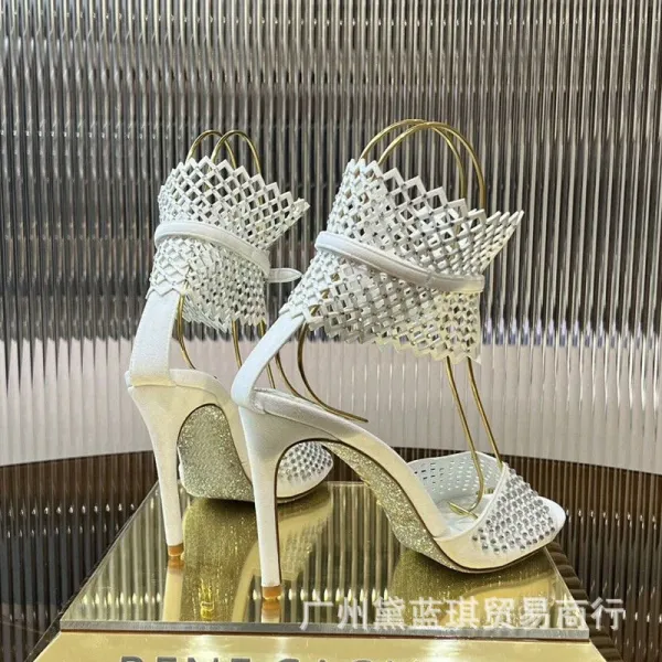 Bene Gacvilla Crystal-Embellished Winged Heels White Sandals - 10